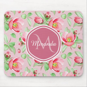 Sweet Pink Apple Blossom Floral With Monogram Mouse Pad