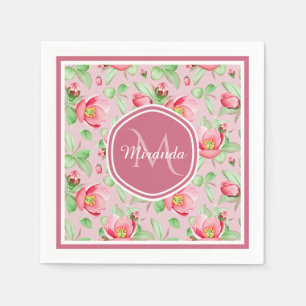 Sweet Pink Apple Blossom Floral With Monogram Napkin
