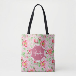 Sweet Pink Apple Blossom Floral With Monogram Tote Bag