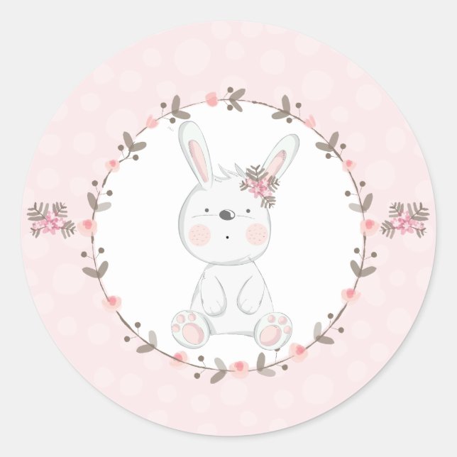 Sweet Pink Baby Bunny Floral Classic Round Sticker (Front)