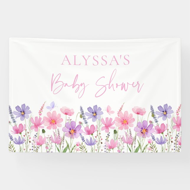 Sweet Pink Baby in Bloom Wildflower Baby Shower Banner (Horizontal)