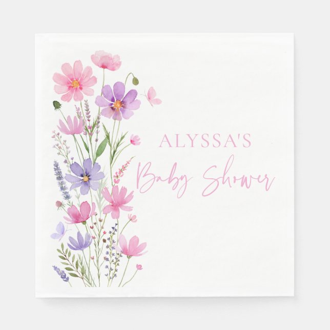 Sweet Pink Baby in Bloom Wildflower Baby Shower Napkin (Front)