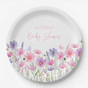 Sweet Pink Baby in Bloom Wildflower Baby Shower Paper Plate