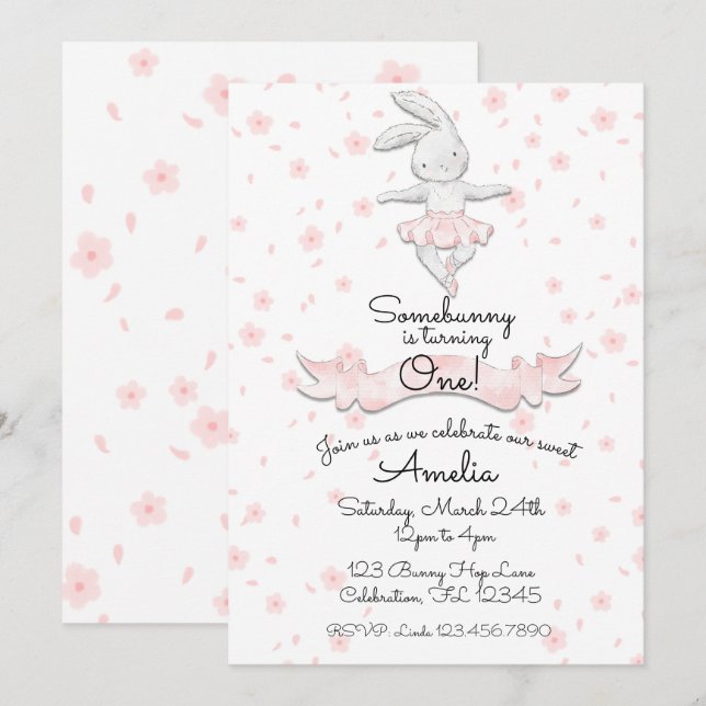 Sweet Pink Ballerina Bunny First Birthday Floral Invitation (Front/Back)