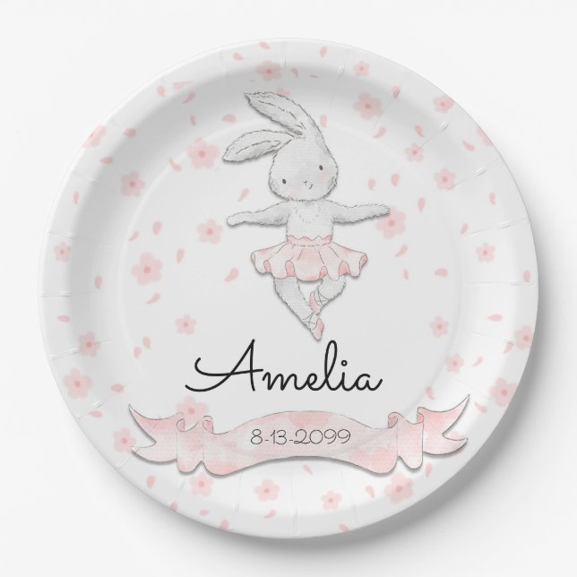 Sweet Pink Ballerina Bunny First Birthday Floral Paper Plate (Front)