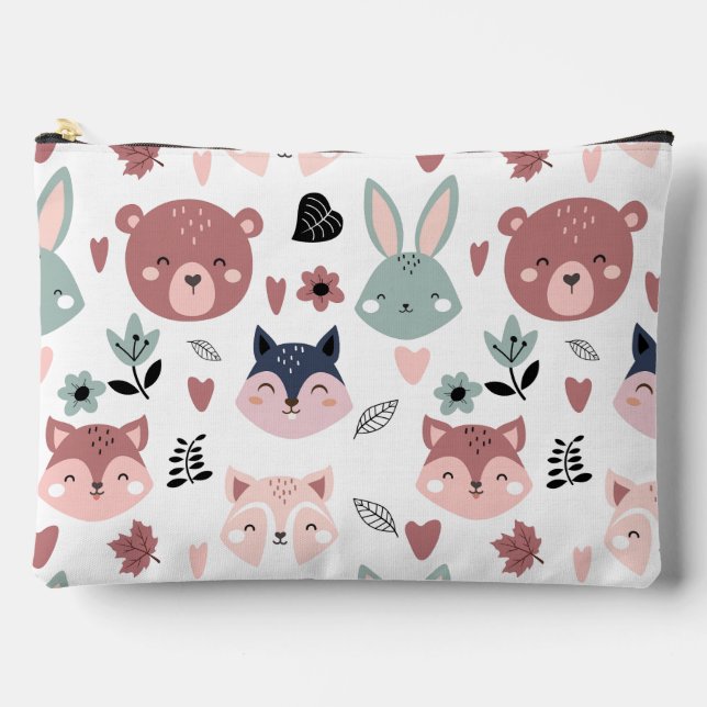 Sweet Pink Bear Fox And Bunny Forest Accessory Pouch (Front)