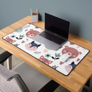 Sweet Pink Bear Fox And Bunny Forest Desk Mat
