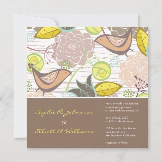 Sweet Pink Birds Floral Garden Wedding Invitation (Front)