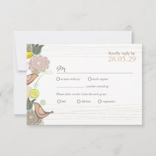 Sweet Pink Birds Floral Garden Wedding RSVP Card