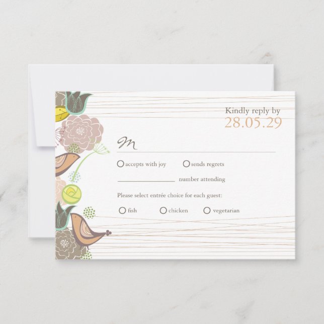 Sweet Pink Birds Floral Garden Wedding RSVP Card (Front)