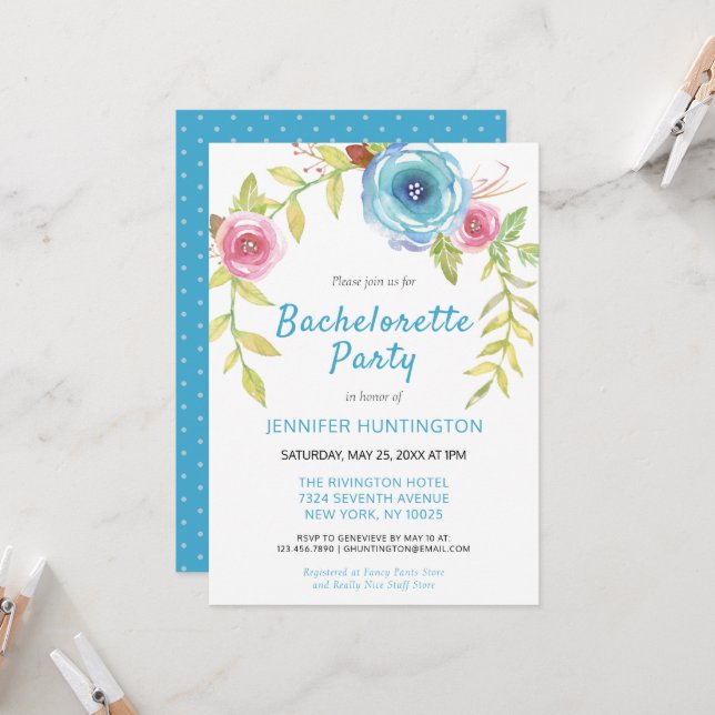 Sweet Pink Blue Boho Floral Bachelorette Party  Invitation (Front/Back In Situ)