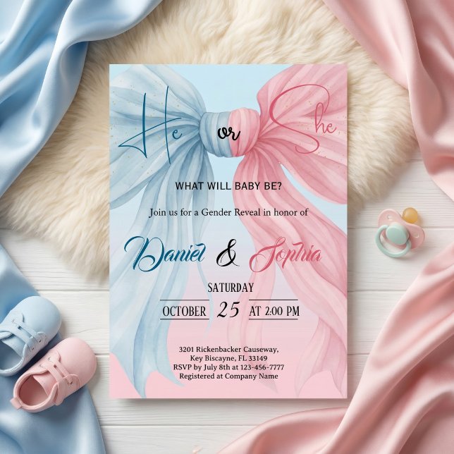 Sweet Pink Blue Bow Gender Reveal Invitation (Creator Uploaded)