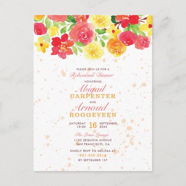 Sweet Pink Botanical Roses Floral Rehearsal Dinner Invitation Postcard (Front)