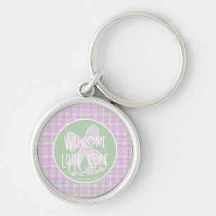 Sweet Pink bow and plaid Welcome Little One Key Ring