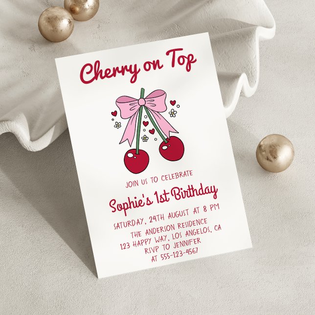 Sweet Pink Bow Cherry on Top 1st Birthday Invitation (Creator Uploaded)