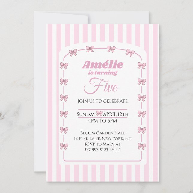 Sweet Pink Bow Coquette Fifth Birthday Party Invitation (Front)