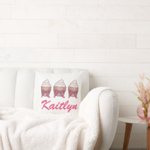 Sweet Pink Bow Cupcake Cake Personalised Name Cushion