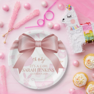 Sweet Pink Bow & Llama Girl Baby Shower Paper Plate