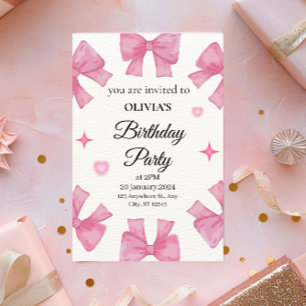 Sweet Pink Bows Birthday Invitation for Girls
