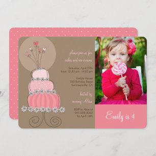 Sweet Pink Cake Girl Birthday Party Photo Invite