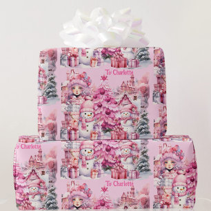Sweet Pink Christmas Add Girl's Name Snowman Tree Wrapping Paper