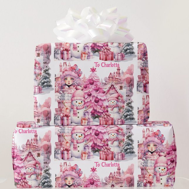 Sweet Pink Christmas Add Girl's Name Snowman Tree Wrapping Paper (Creator Uploaded)
