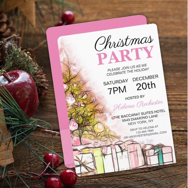 Sweet Pink Christmas Tree & Presents Holiday Invitation (Creator Uploaded)