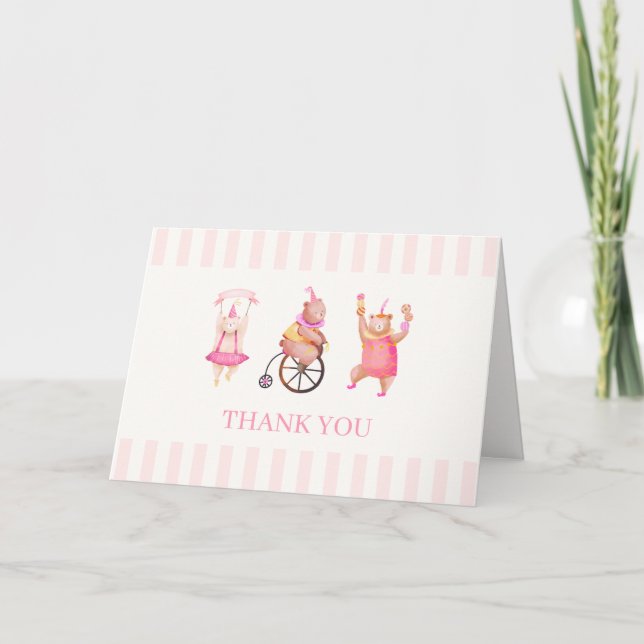 Sweet Pink Circus Carnival Teddy Bear Baby Shower  Thank You Card (Front)
