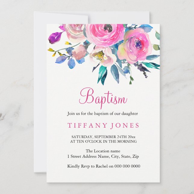 Sweet Pink Colourful Floral Pretty Baptism Invite (Front)
