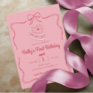 Sweet Pink Coquette Bow 1st Birthday Heart Cake Invitation