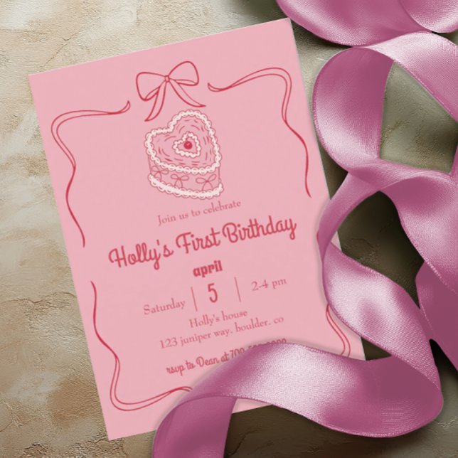 Sweet Pink Coquette Bow 1st Birthday Heart Cake Invitation (Creator Uploaded)