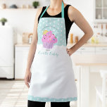 Sweet Pink Cupcake Bakery Dessert Turquoise Custom Apron<br><div class="desc">Here’s a wonderful way to add to the fun of baking. Add extra sparkle to your culinary adventures whenever you wear this elegant, sophisticated, simple, and modern apron. A sparkly, pink cupcake and script handwritten typography overlay white polka dots on a light pastel mint aqua blue background. Personalise with your...</div>