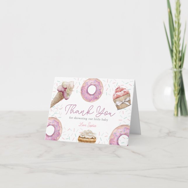 Sweet Pink Cupcake & Donut Baby Shower Thank You Card (Front)