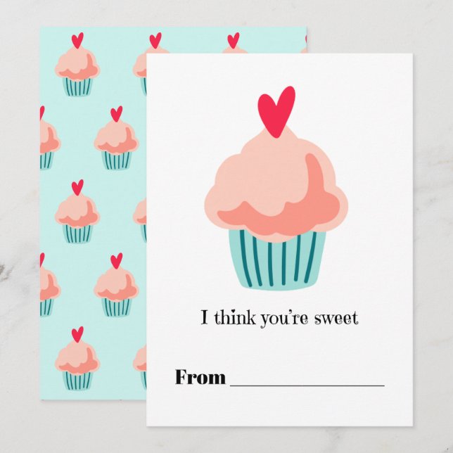 Sweet pink cupcake kids Classroom Valentine Holiday Card (Front/Back)