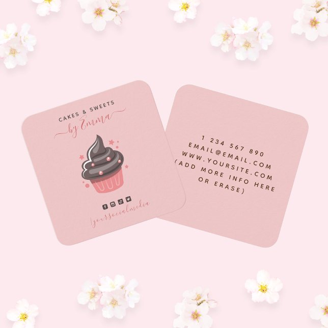 Sweet Pink Cupcake Modern Baker Social Media Star  Square Business Card (Creator Uploaded)