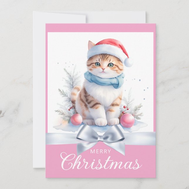 Sweet Pink Cute Christmas Cat Xmas Greeting Holiday Card (Front)