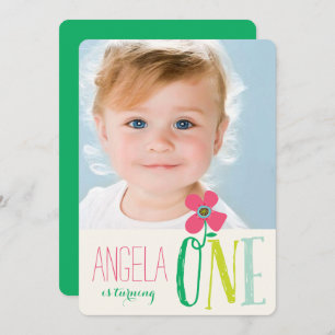 Sweet Pink Daisy Pop Chic Girl 1st Birthday Photo Invitation