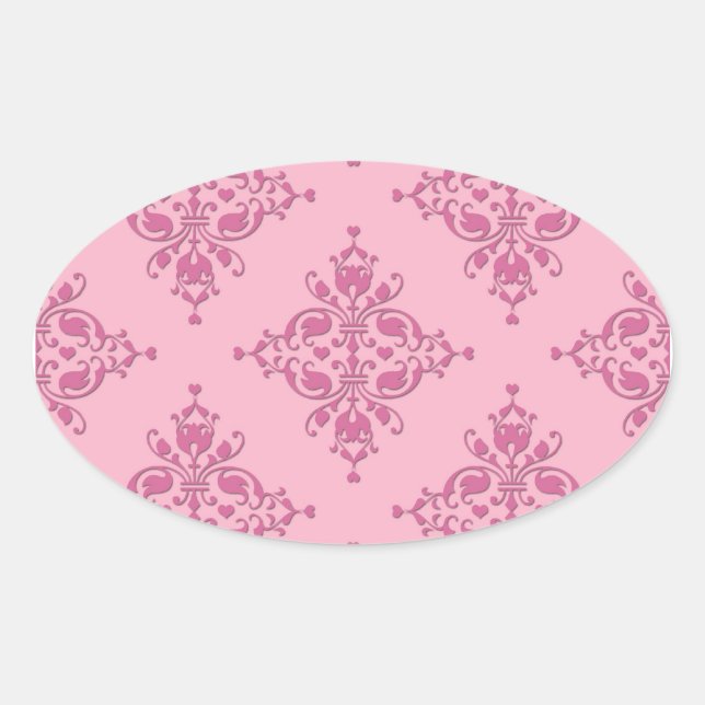Sweet Pink Damask Oval Sticker (Front)