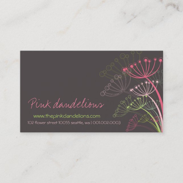 Sweet Pink Dandelion Flowers Modern Elegant Chic Business Card (Front)
