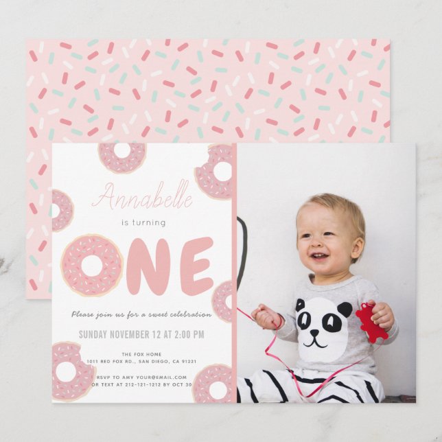 Sweet Pink Doughnut Girl Photo 1st Birthday Invitation (Front/Back)