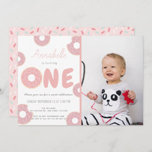 Sweet Pink Doughnut Girl Photo 1st Birthday Invitation