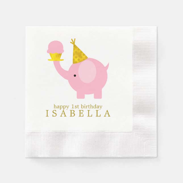 Sweet Pink Elephant Birthday Party Napkin (Front)