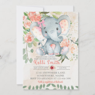 Sweet Pink Elephant Floral Baby Shower Invitations