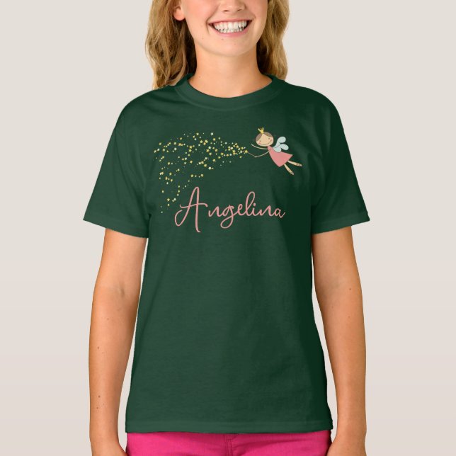 Sweet Pink Fairy Princess & Stars Whimsical Girl's T-Shirt (Front)