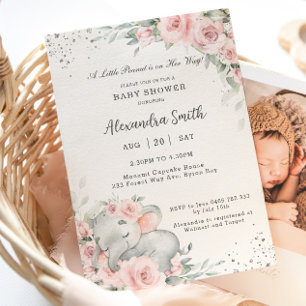 Sweet Pink Floral Adorable Elephant Baby Shower Invitation