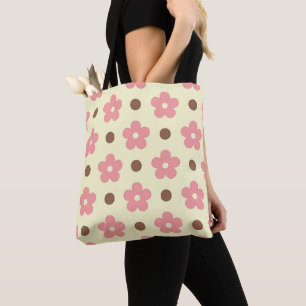 Sweet Pink Floral and Brown Polkadot Retro Tote Bag