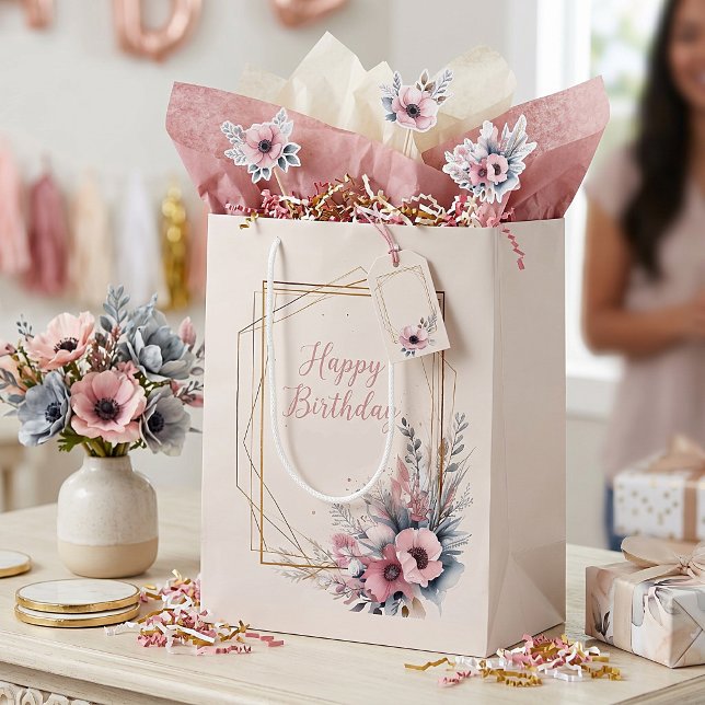 Sweet pink floral and gold frame custom medium gift bag (Creator Uploaded)