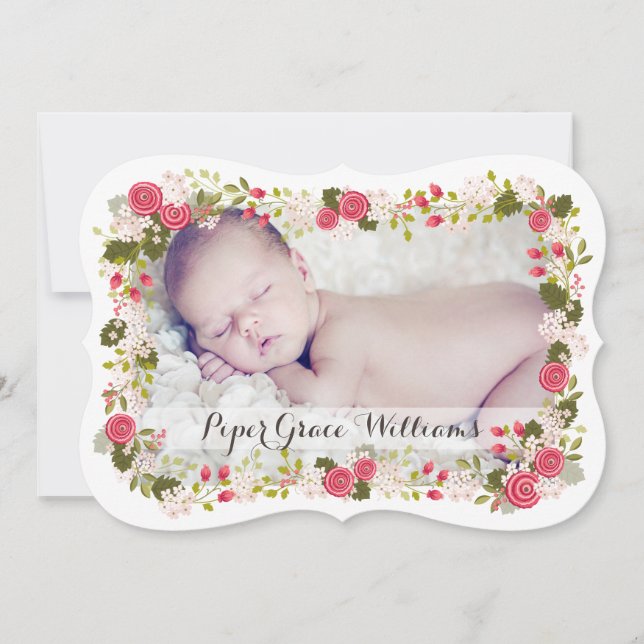 Sweet Pink Floral Baby Girl Birth Announcement (Front)