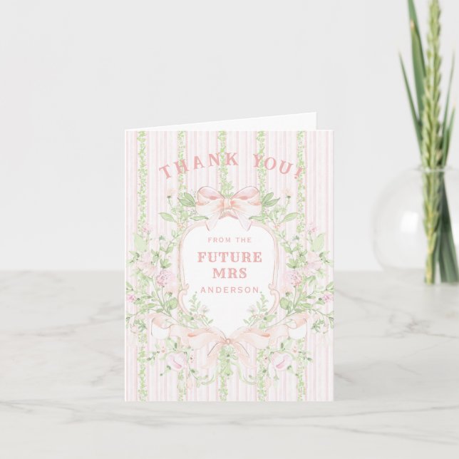 Sweet Pink Floral Bridal Shower Crest Thank You Card (Front)