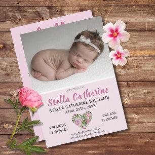 Sweet Pink Floral Heart Baby Photo Birth Announcement